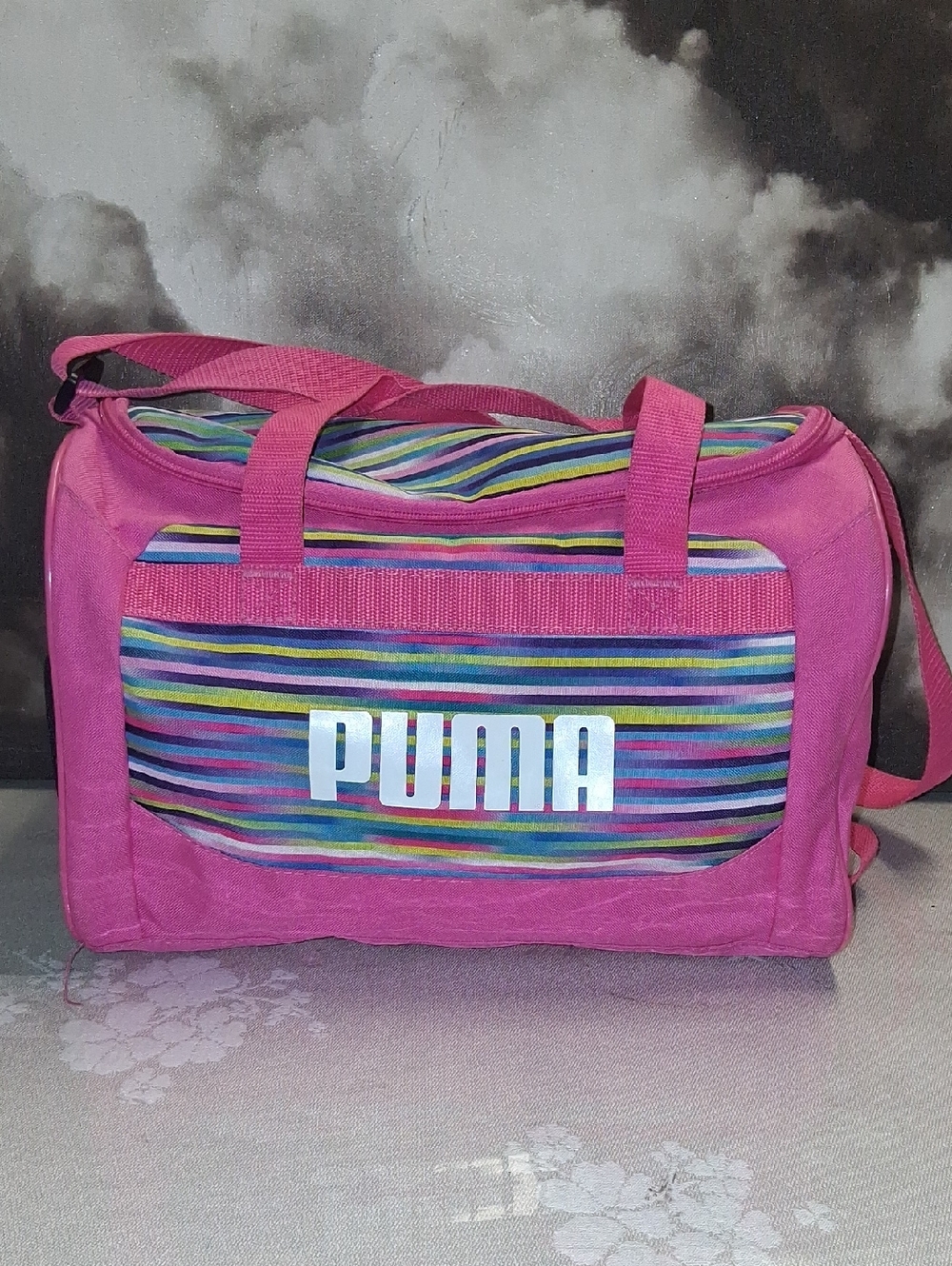 Puma Hot Pink Travel Duffel with Multicolor Striped Pocket